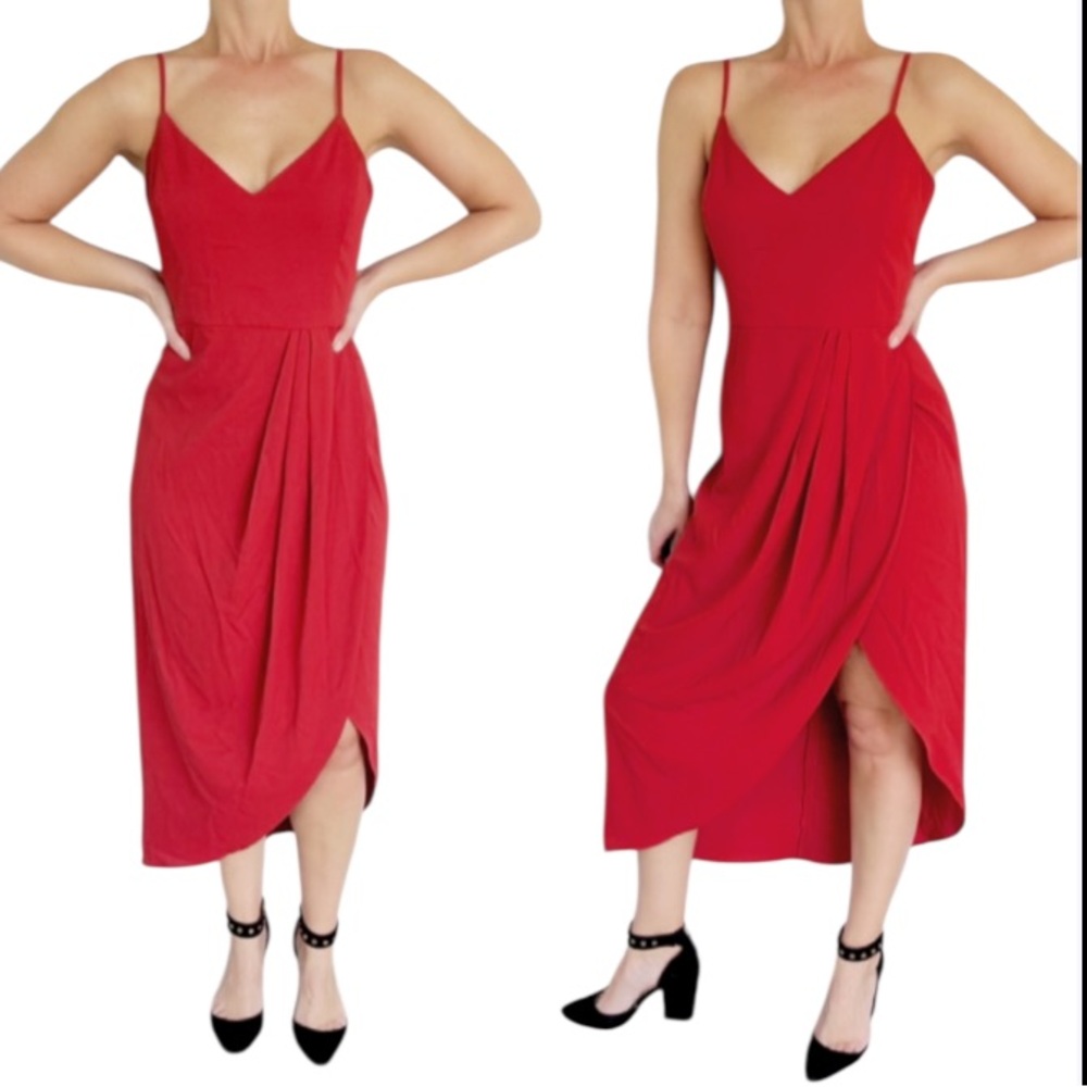 Lulus burnt orange rust spaghetti strap v-neck wrap slit midi dress size XL